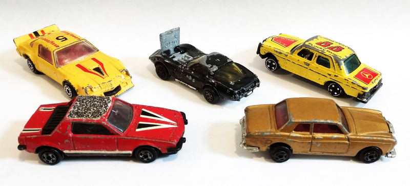 Front: Zylmex D65 Fiat X1/9 (with all bumpers intact), Zylmex D44 Rolls Royce, Back: Zylmex D92 Camaro (Z-28), another Kidco for the Bucket O’ Vettes, and a Summer S688 Mercedes Benz that says Benzine on the hood and has lost a rear wheel.